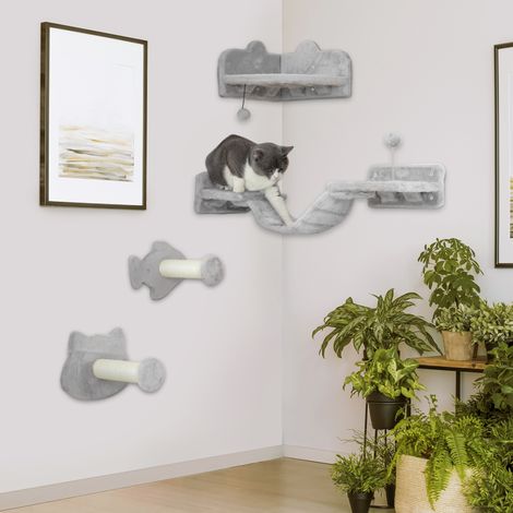 PawHut4 Piece Cat Wall Shelves Wall-Mounted Tree with Platforms Light Grey (1/5)