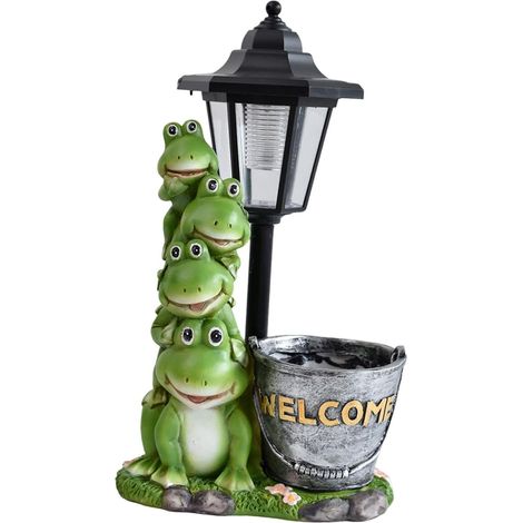 Statue de grenouilles de jardin avec seau, lampe solaire, sculpture en résine, cadeau unique et, lampe de jardin extérieure (1/5)