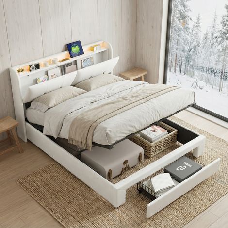 Letto contenitore 140x200 con 1 cassetto, letto matrimoniale, illuminazione LED, letto per adulti, testiera con vano contenitore, 2 porte USB e 2 prese di, velluto, stile moderno, Beige (1/5)