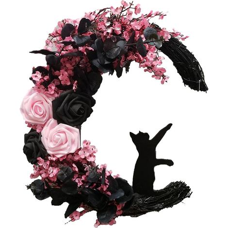 Mondkatzen-Kranz für Halloween, Türdekoration, Zweige, Kätzchen, Kunstblumen, Mondkatzen-Kranz - A8 (1/5)