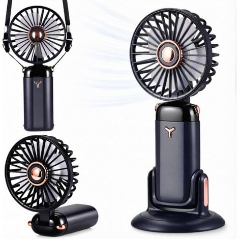 Mini Ventilateur Portable, 4000mAh Ventilo Portable Rechargeable USB, 5 Vitesses, Longue Autonomie, Ventilateurs de Poche avec Lanière et Base, Ventilateur à Main Pour Bureau(Bleu Foncé)