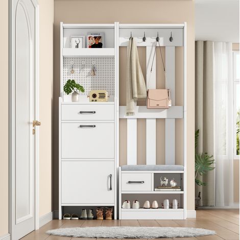 Mueble recibidor 7 en 1 blanco 110 x 35 x 175,5 cm con banco, cajones, perchero y zapatero (1/5)