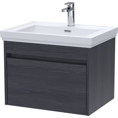 Swainsley Contemporary Wall Hung 1 Drawer Vanity Unit with Traditional 1 Tap Hole Fireclay Basin, 600mm, Graphite Grey Woodgrain