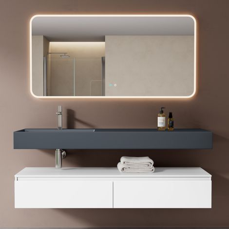 Mai & Mai Badmöbelset Waschtisch mit Unterschrank Weiß matt 150x48x25cm mit Soft-Close Schubladen inkl. Mineralguss-Waschbecken in matt Anthrazit und LED-Badspiegel UP (1/5)