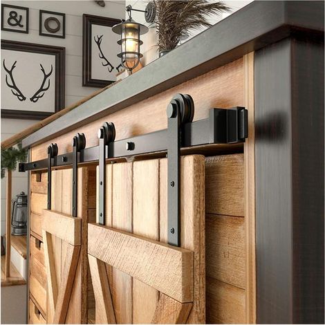 Kit de quincaillerie pour porte de grange Kit de quincaillerie for porte de grange Super Mini, cintre en forme de I, Double porte coulissante en douceur et silencieusement, utilisée for les petites po (1/5)