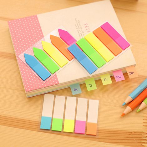 Étiquettes adhésives index repositionnables, marque-pages autocollants colorés, séparateurs de cahier, bloc-notes mémos, set de 6 couleurs, usage scolaire et bureau. (1/5)