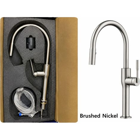 Robinet de cuisine mitigeur à douchette extractible (finition nickel brossé PVD), robinet d'évier avec douchette monocommande, montage sur plage. (1/5)