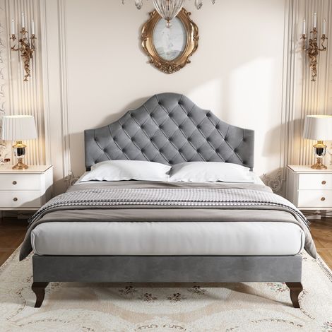 Letto imbottito 90x200 cm, con testata regolabile in altezza, supporti a doghe in legno, velluto - Grigio