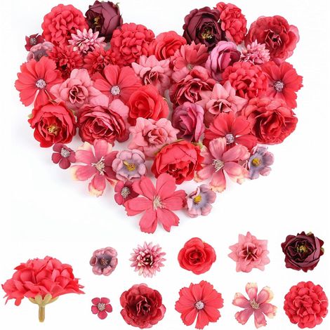 40 Pièces Tete de Fleurs Artificielles, Fausse Fleur avec 10 Styles, Rouge et Rose Mélangée Fleur Artificielle Decoration, Tete de Fleurs en Tissu pour DIY Scrapbooking Guirlande de Mariage Bouquet (1/5)