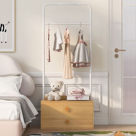 Portemanteau enfant dressing avec 2 tiroirs et tringle 70 x 55 x 168 cm vestiaire d'entrée en bois mdf style scandinave - Bois naturel (1/5)