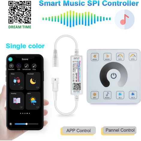 Horizontal scrolling monochrome light controller with Bluetooth touch magnetic remote control, 86 panels, RF, music, color and SPI LED.