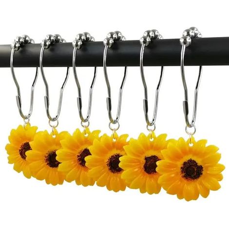 Crochets de rideau de douche en acier inoxydable 304, finition chromée, pendentif tournesol en résine, système de glissement à 5 billes, protection antirouille, pour tringles de 22 à 25 mm de diamètre (1/4)