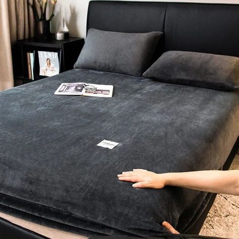 Drap Housse 180x200 cm +26cm en Velours Corail Épais, Protège-Matelas Chaud d’Hiver, Tissu Doux Effet Flanelle, Uni,Gris foncé (1/5)