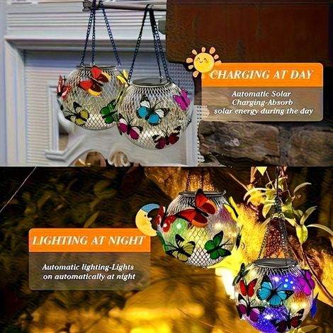 2 lampes guirlandes papillons solaires lumière blanche chaude, LED étanches à suspendre pour chemin de jardin, fête, mariage (1/4)