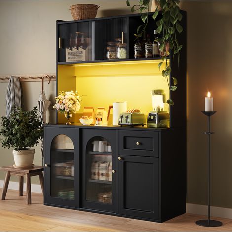 Credenza 120x35x167 cm in legno nero, con contenitore e LED per cucina o sala da pranzo FloraGrace (1/5)