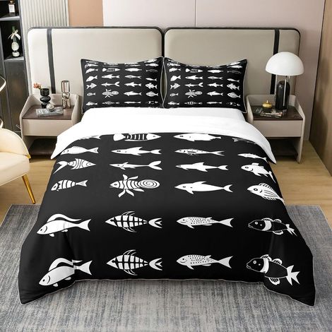 Cartoon Poisson Coton Enfants Noir Blanc Parure de Lit 140x200cm Organismes marinss Housse de Couette sous l'eau Animaux Océan Thèmes Parure Housse de Couette - 140 x 200 cm + 1 taie d'oreiller 65 x 6 (1/5)
