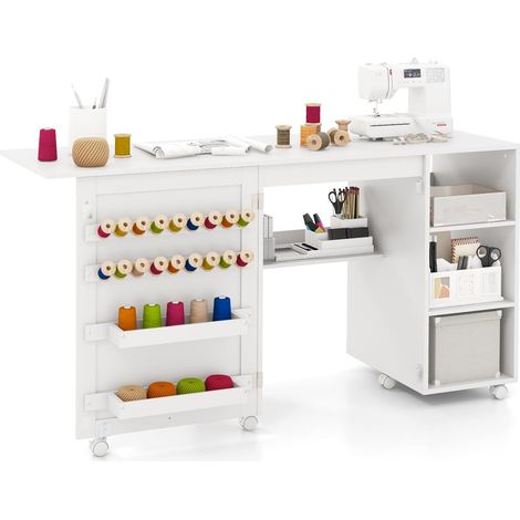 COSTWAY Table de Couture Pliante, Meuble Machine à Coudre avec 4 Compartiments Ouverts, 18 Rangées de Bâtonnets, 2 Plateaux de Rangement, roulettes Verrouillables, Blanc (1/5)