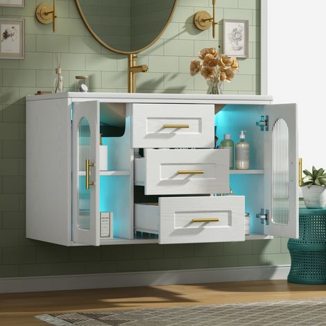 Meuble vasque mural 76 cm blanc veiné bois, porte en verre strié, LED, 2 tiroirs (1/5)