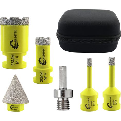 Foret Diamant Kit Trepan Carrelage - 6pcs (6/8/20/35mm+35mm Mèches de Chanfrein+Adaptateur Hexagonal) pour Carrelage Céramique Porcelaine Marbre Granit M14 Filetage (1/5)