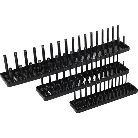 Ensemble de rangement multifonctionnel noir de 3 supports pour douilles 1/4 po, 3/8 po et 1/2 po, idéal pour les boîtes à outils. (1/5)