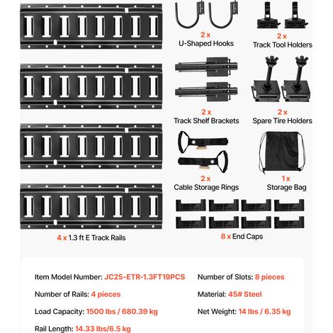 VEVOR E-Track Tie-Down Rail Kit, 4 Pack 0.4 m E Track Rails, 2 U-Shaped Hooks, 2 Tool Holders, 2 Track Shelf Brackets, 2 Tire Holders, 2 Cable Storage Rings, 8 End Caps & 1 Bag, Fit for Vans Trailers (1/4)