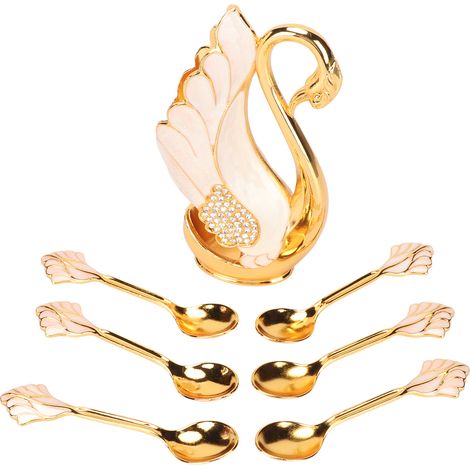 Set de Couverts Dorés et Blancs avec Fourchettes et Cuillères pour Bistrots, Bars et Fêtes, Porte-Couverts Innovant Swan aux Bords Lisses, Or (1/5)