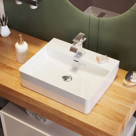 CECIPA MAX Lavabo in ceramica bianca 50 x 42 cm – Lavabo da appoggio e sospeso con troppopieno, inclusa piletta click-clack (1/5)