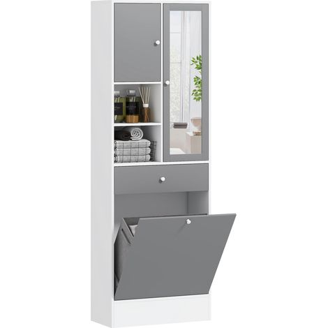 Meuble de salle de bain avec panier à linge et miroir étagère réglable 62 x 28,3 x 181 cm gris et blanc (1/5)