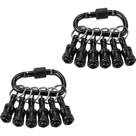 Portapuntas de destornillador hexagonal de 1/4 de pulgada fabricado en aleación de aluminio, extensión, adaptador para taladro, llavero portátil (2 x 6 piezas, negro con mosquetón negro) (1/5)