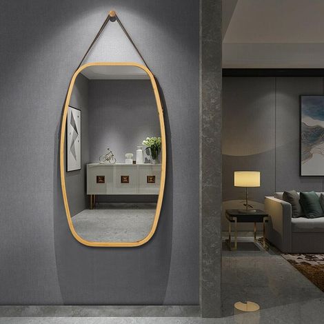Style moderne, miroir mural rectangulaire 30 pouces avec cadre en bambou et sangle en cuir réglable (1/5)