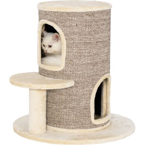 Tour à griffer en forme de tonneau pour chat, à 2 niveaux avec plateforme, idéale pour griffer et jouer, 60 x 60 x 61 cm, beige (1/5)