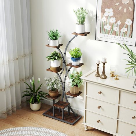 Support pour Plantes d'Intérieur de 146cm avec Lampes de Culture Support d'Angle en Métal à 8 Niveaux Support pour Pots de Fleurs Marron (1/2)
