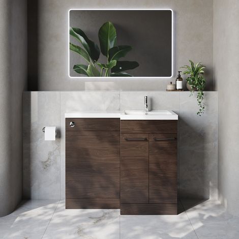 Napoli 390 Brown Oak 1000mm 2 Door Vanity Unit Toilet Suite with Right Hand Square Lucia Basin - 1000mm - Chrome 160mm HandleWithout Kingston Toilet Pan