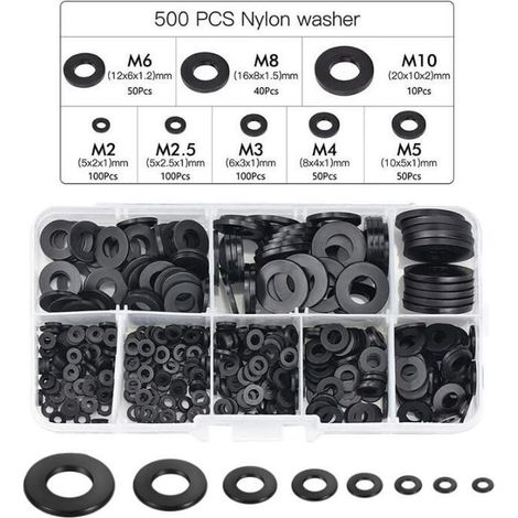 Joint en nylon, rondelle d'entretoise ronde de rondelle plate noire de 500PCS compatible avec M2 M2.5 M3 M4 M5 M6 M8 M10 (1/5)