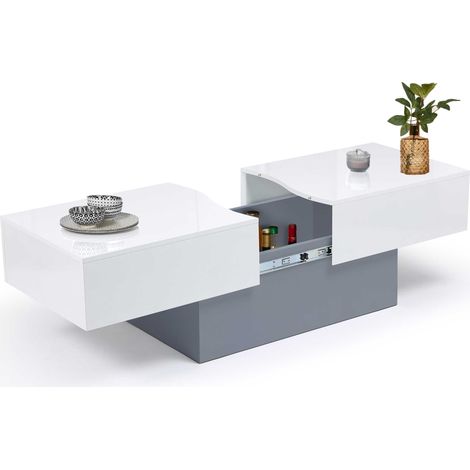Idmarket – Table basse coulissante rectangulaire – Bois gris et plateau blanc – Longueur 120 à 171 cm – Rangement discret sous plateau