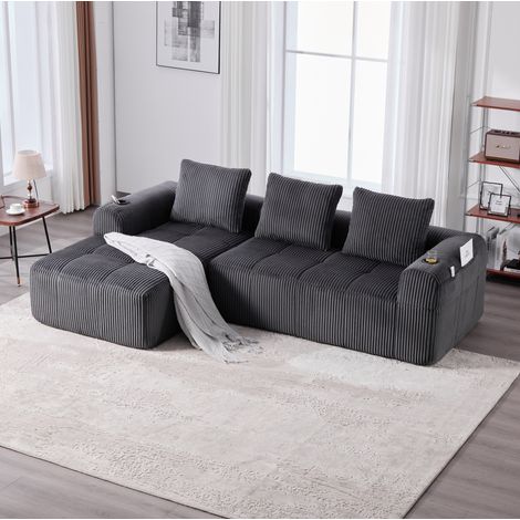Divano modulare in velluto a coste grigio scuro 253 x 158 cm con tasche laterali e portabicchieri (1/5)
