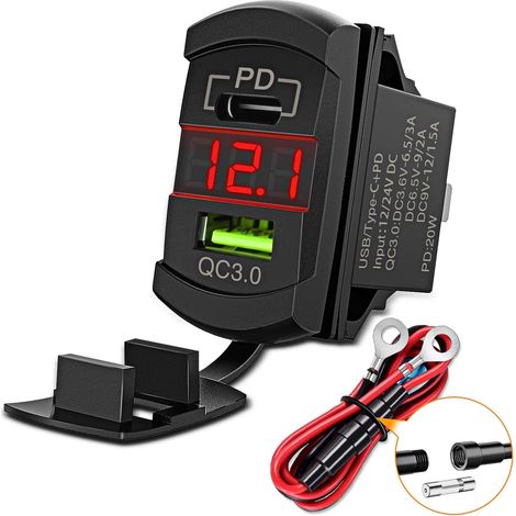 Switch Style USB Outlet LED Voltmeter Quick Connector 12V PD Type C et USB QC 3.0 Remplacement de voitures avec fusible en ligne pour panneau de commutateurs sur des bateaux Voiture de camion RV (1/5)