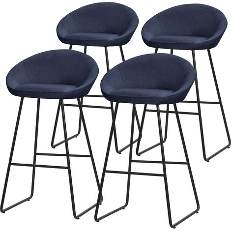ML-Design Set 4 Sgabelli da Bar Blu Scuro, Rivestimento in Tessuto, 75 cm, con Struttura in Metallo, Schienale Curvo, Poggiapiedi, Poltrone Ergonomiche da Bar, Sedie Alte da Cucina Bistrot o Bancone