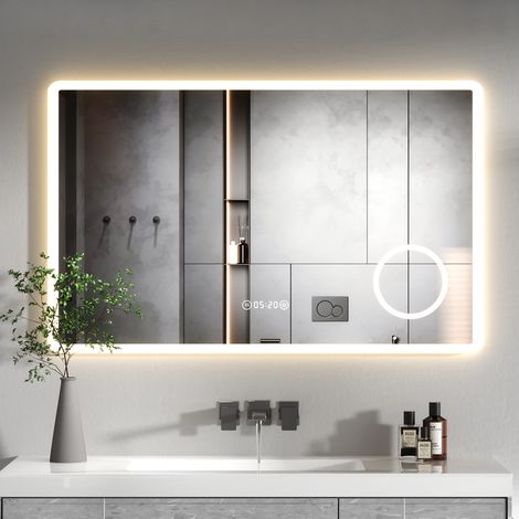 Miroir de Salle de Bain LED 100x60 cm - Affichage Heure/Température & Loupe 3X - Anti-buée - 120 LEDs/m - Miroir Lumineux Dimmable - AquaWise