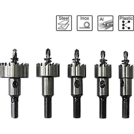 Coffret 5 scies cloche HSS cobalt – 16 / 18.5 / 20 / 25 / 30 mm – M35 – HRC 64-66 – queue 9.5 mm – trépan métal (1/5)