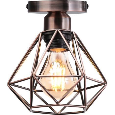 STOEX Plafonnier Industriel en Métal, Laiton rouge Suspension Luminaire Style Vintage Design forme Cage Diamant Rétro pour Salon Chambre Salle à manger (sans ampoule) (1/4)