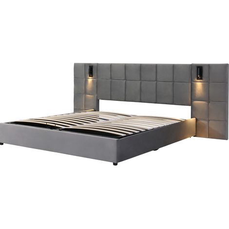 CHICFURN Lit coffre 180x200 cm en velours gris avec tête de lit large capitonnée, lampe de lecture orientable, ports USB, structure métal et grands rangements (1/5)