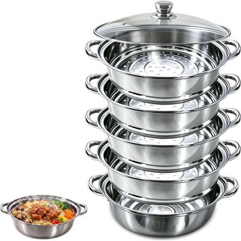 Cuiseur vapeur 28 cm en acier inoxydable 5 étages - Convient pour l'induction - Cuiseur vapeur avec insert vapeur - Pot vapeur extra large pour famille Mantowarka empilable (1/5)