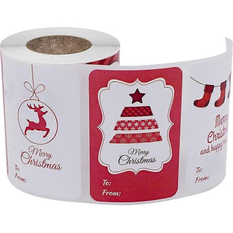 Étiquettes cadeaux de Noël adhésives, 250 autocollants par rouleau, 6 motifs variés pour emballages et décorations festives (1/4)
