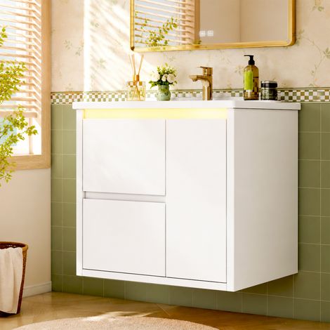 Meuble vasque mural 61x46.5x57cm laqué blanc, éclairage LED détecteur, charnières amorties, lavabo intégré, salle bain moderne, gain de place et fonctionnel (1/5)