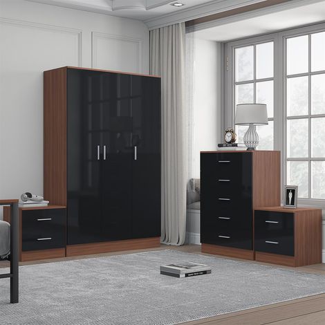 Reflect 3 Door Plain Wardrobe, 5 Drawer Chest, 2x 2 Drawer Bedsides - Black Gloss & Walnut - Modern Bedroom Furniture Set