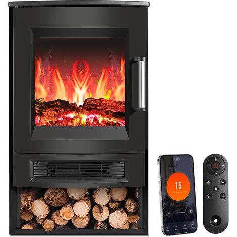 Randaco Elektrokamin – Elektrischer Heizofen – 900W/1800W Standkamin– Dreiseitiger Panorama-Kamin - LED-Flammeneffekt– Schwarz (1/5)