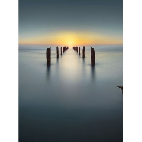 Papier peint panoramique mer infini et bois salon | Tapisserie panoramique coucher de soleil bureau | Papier peint panoramique bleu & jaune - 192 X 260 cm (4 pièces) (1/2)
