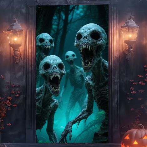 Rideau de porte de salle de bain sur le thème d'Halloween, motif Faucheuse, bannière décorative tête de mort effrayante - 90 x 180 cm (perforé + ruban) - Style 25