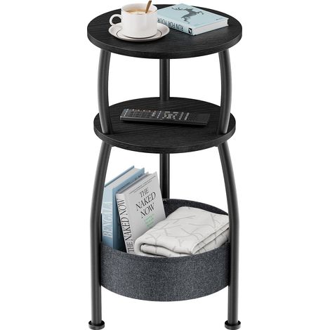 Table d'appoint ronde, à 3 niveaux, petite table d'appoint avec panier en tissu, table basse pour salon, chambre à coucher, petit espace, montage facile, 30 x 61 cm (noir) (1/5)